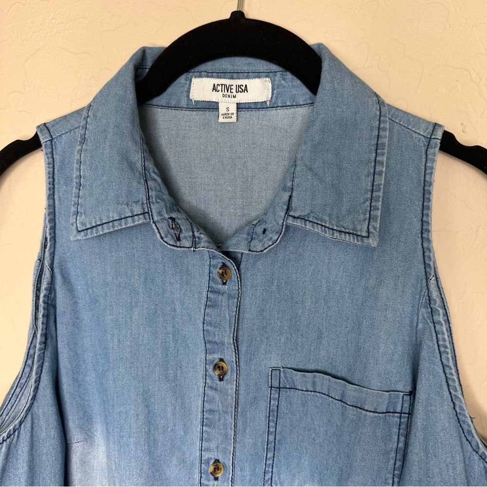 Denim Chambray Cold Shoulder Button Down Shirt, S… - image 4